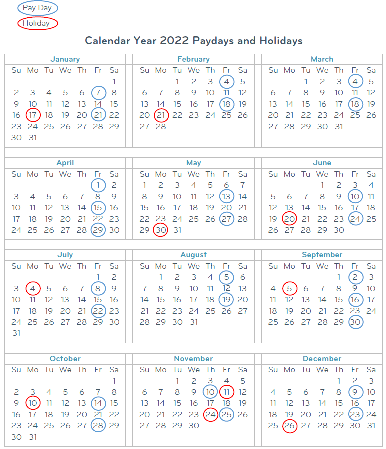 Payroll Calendar 2022 Paydays and Holidays